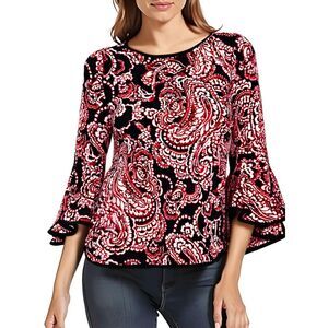 Sam and Jess Womens Black Crewneck Blouse Bell Sleeves Pullover Top NWT